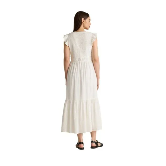 Quince Organic Textured Cotton Smocked V-Neck Midi Dress White S New Anthro